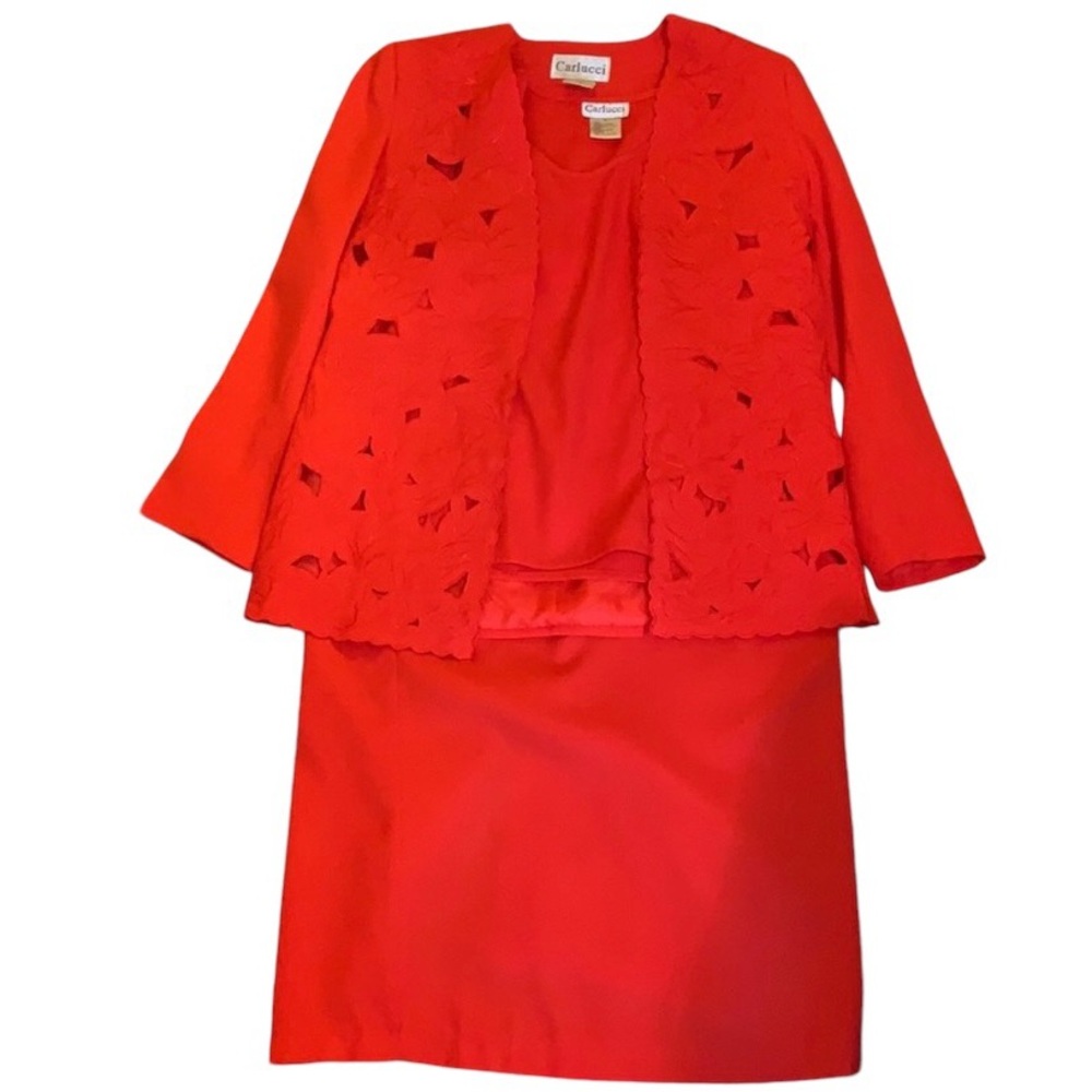 Carlucci Vintage Bright Orange 3 Piece Skirt Suit Women’s Sz 8 Padded Shoulders